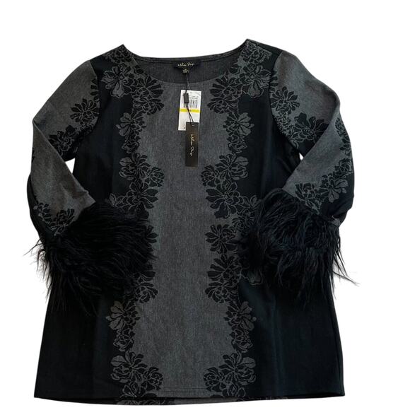 NWT, Melissa Paige Floral Gray, Black Sweater, Penny Lane Style Cuffs/Fur, M - Picture 5 of 14